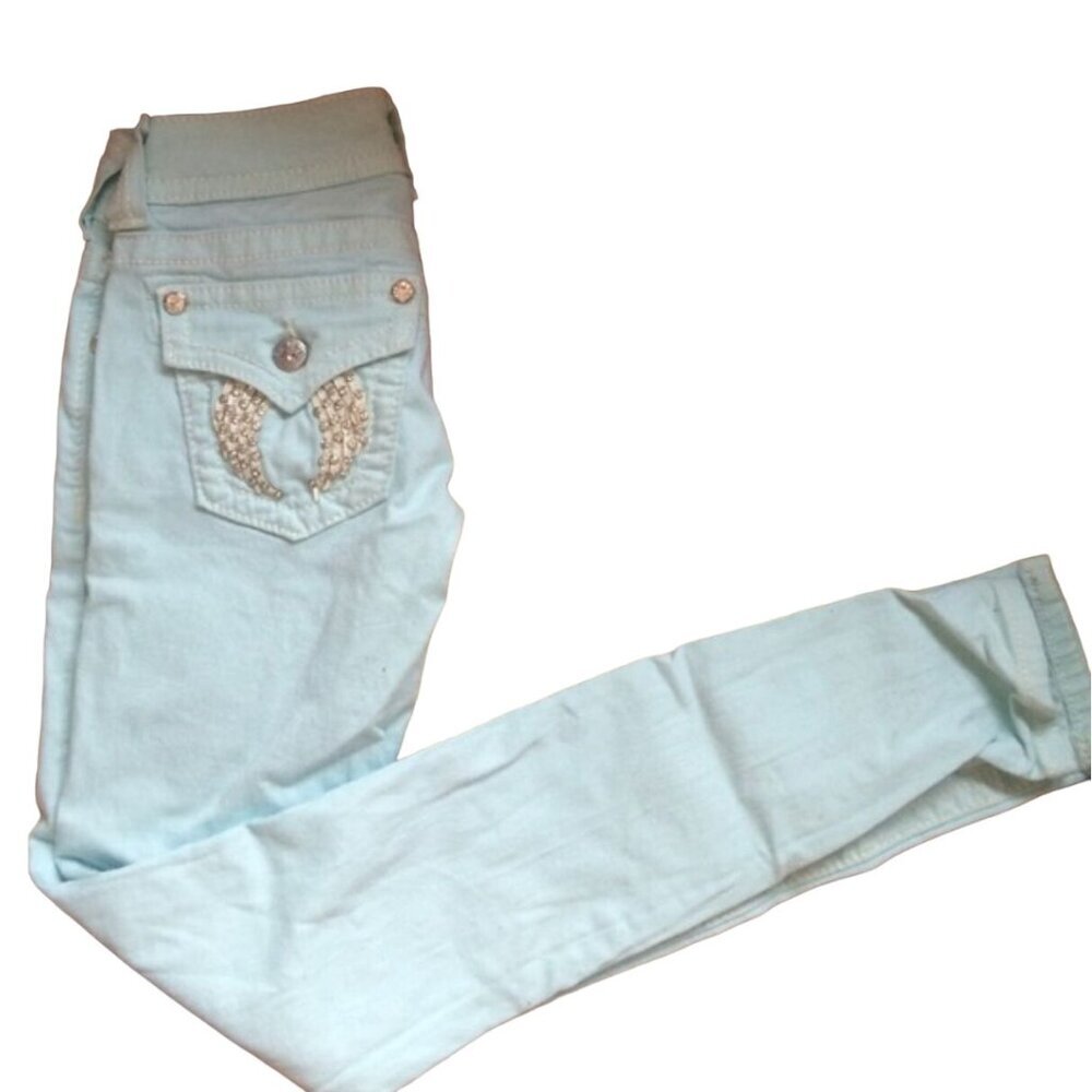 Miss Me Ice Blue Leather Fallen Angel Skinny Jeans Women's Size 28 Excellent ver